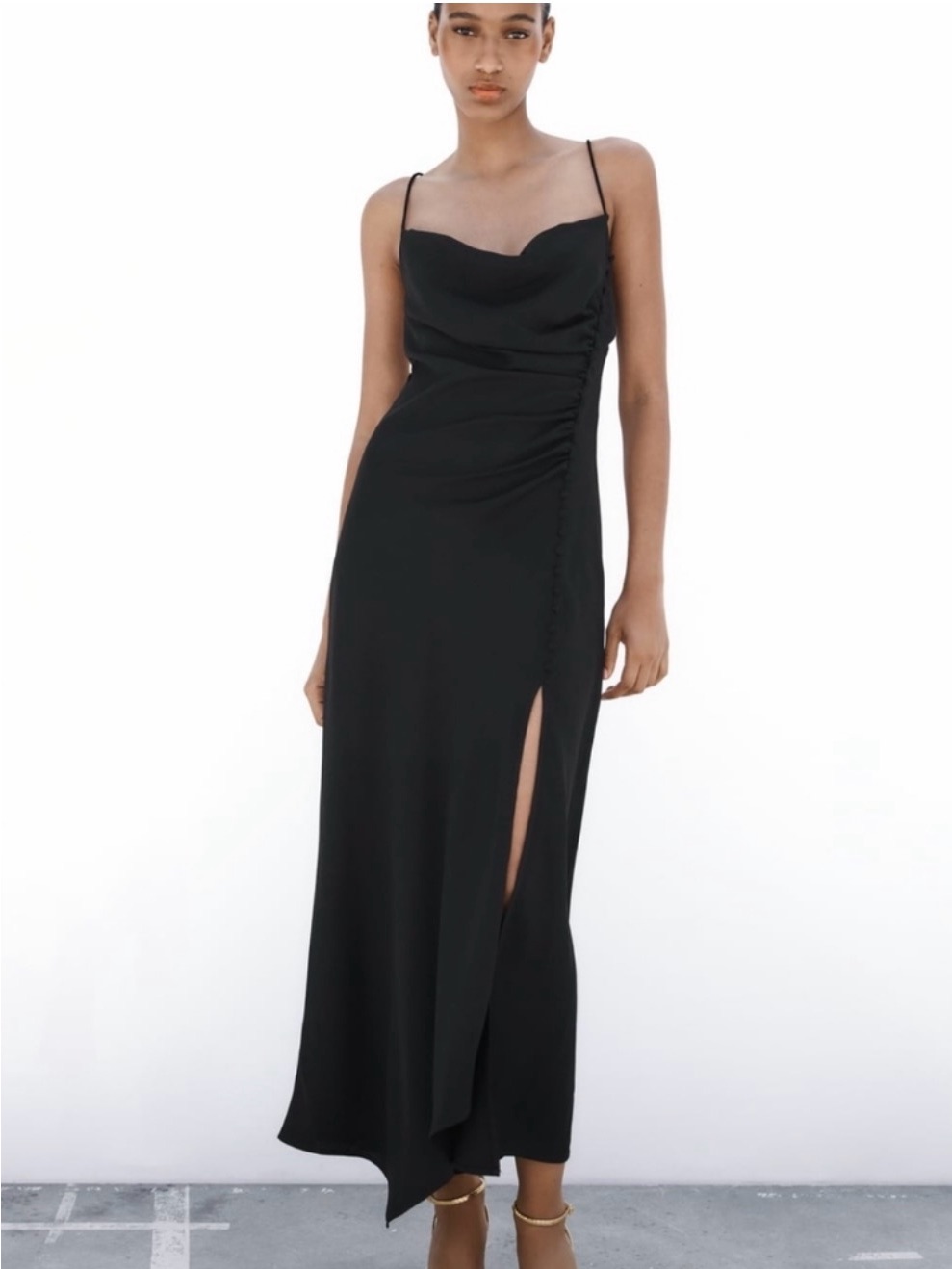 Zara Black Cowl Neck Slip Maxi Dress With Side Slit